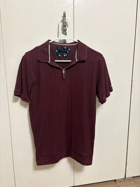 Denim & Flower Polo Shirt Burgundy Quarter Zip Textured Men Medium